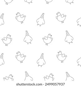 Hen rooster and chick. Seamless pattern. Coloring Page. Cute chicken farm characters. Vector drawing. Design ornaments.