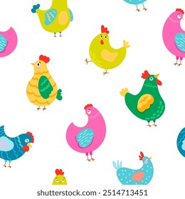 Hen rooster and chick. Seamless pattern. Cute chicken farm characters. Vector drawing. Design ornaments.