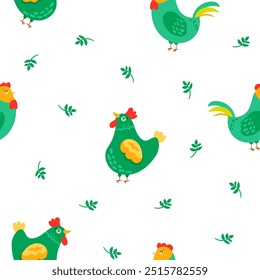 Hen rooster and chick. Seamless pattern. Cute chicken farm characters. Vector drawing. Design ornaments.