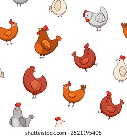 Hen rooster and chick. Seamless pattern. Cute chicken farm characters. Vector drawing. Design ornaments.