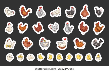 Hen rooster and chick. Sticker Bookmark. Cute chicken farm characters. Vector drawing. Collection of design elements.