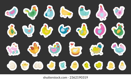 Hen rooster and chick. Sticker Bookmark. Cute chicken farm characters. Vector drawing. Collection of design elements.