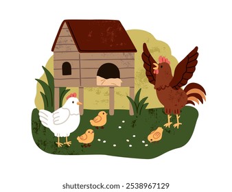 Hen, rooster and chicken in countryside. Domestic poultry family, chicks brood pecking grains in country. Cute fowl birds, rural nature life. Flat vector illustration isolated on white background