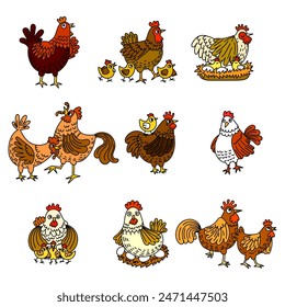 hen, rooster, chicken vector illustration set