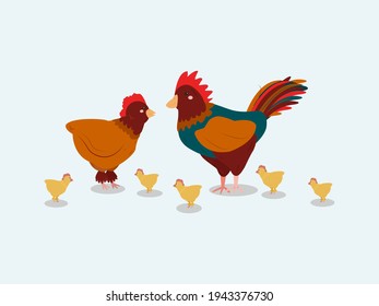 hen, rooster and chicks cartoon style. Design elements for advertising chicken meat, eggs. Bird farm. Vector illustration, isolated image, simple