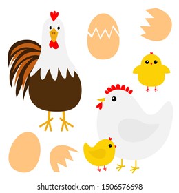 Hen Rooster cock Chicken broken cracked egg bird icon set. Happy Easter. Cute cartoon funny kawaii baby chick character. Flat design. Greeting card. Yellow color. White background. Isolated. Vector