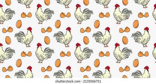 Hen or rooster and egg seamless pattern.  Rural natural poultry farming. Poultry background. Flat vector illustration, hand drawn or doodle style.
