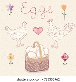 Hen and rooster with eggs basket in embroidery style