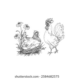 Hen, rooster, eggs, nest and flowers vector illustration hand drawn with ink and isolated on white background. Graphic sketch of chicken. For farm products and eggs packaging design