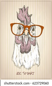 Hen or rooster graphic portrait, front view, vintage style illustration