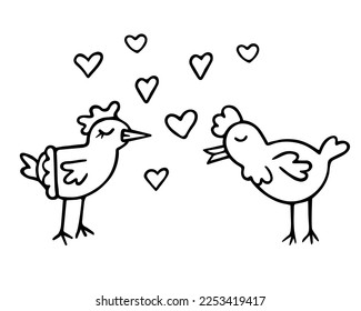 Hen and rooster with hearts, hand-drawn doodle romantic chicken couple. Love feelings,festive design Valentine's Day, drawing by ink, pen,marker.Isolated.Vector 