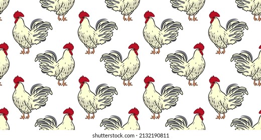 Hen or rooster seamless pattern. Hand drawn or doodle, flat vector illustration