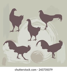 Hen and Rooster silhouette on grunge background. vector