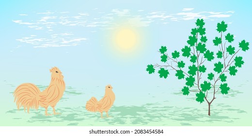 Hen and rooster - spring landscape - illustration, vector. Horizontal banner.
