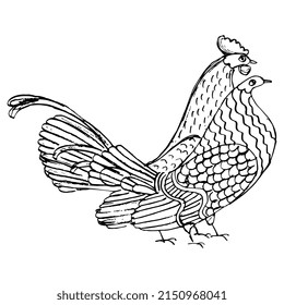 Hen y rooster. Dos pájaros. Ornamento griego antiguo. Estilo de pintura de malla. Esbozo en bruto de doodle lineal dibujado a mano. Silueta negra sobre fondo blanco