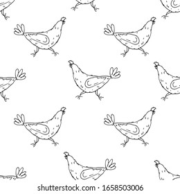 
Hen. Seamless pattern. Line art. 
