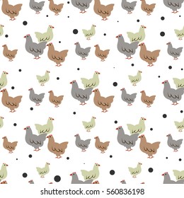 Hen in seamless pattern in Vector. Animal background with doodle domestic birds hen. Funny hen in black and white, gray and yellow colors.