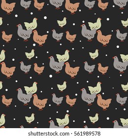 Hen in seamless pattern in Vector. Animal background with doodle domestic birds hen. Funny hen in black and white, gray and yellow colors.