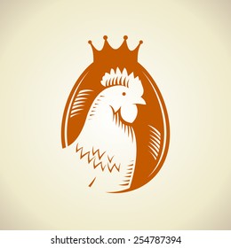 Hen silhouette against egg logo, royal quality food symbol.