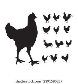 Hen silhouette set line art, Hen outline, Black and white, mother hen, mother and child hen