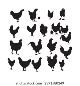 Hen silhouette set line art, Hen outline, Black and white, mother hen, mother and child hen