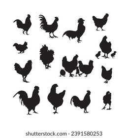 Hen silhouette set line art, Hen outline, Black and white, mother hen, mother and child hen