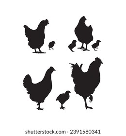 Hen silhouette set line art, Hen outline, Black and white, mother hen, mother and child hen