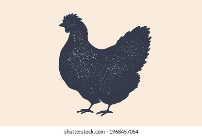 Hen silhouette. Vintage logo, retro print