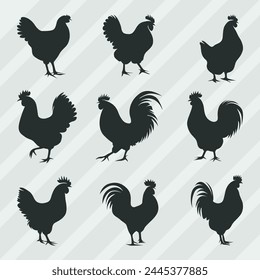 Hen Silhouettes vector bundle, Set of Cock silhouette collection 