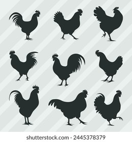 Hen Silhouettes vector bundle, Set of Cock silhouette collection 