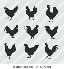 Hen Silhouettes vector bundle, Set of Cock silhouette collection 