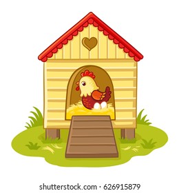 The hen sits in the henhouse and hatches eggs. Farm vector illustration with cute chicken in a children's style.