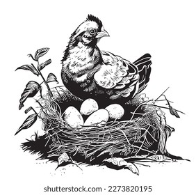 Hen sitting in the nest with eggs hand drawn sketch illustration