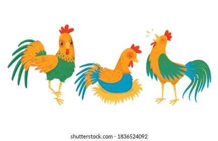 Hen Sitting on Eggs and Walking in the Yard Vector Set