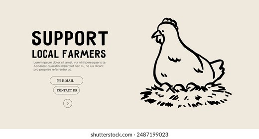 Hen sitting on nest with eggs or chickens. Farm products concept. Countryside agriculture, farmer eco products. Charcoal ink chalk crayon vector illustration. Eat local concept.