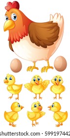 Hen and six chicks illustration