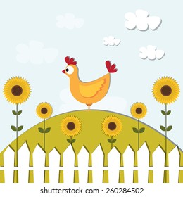 Hen and sunflowers. Easter vector illustration.