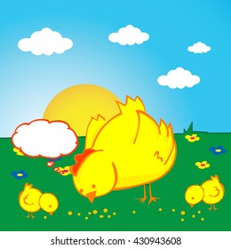 hen with thought bubble and two chickens on a field