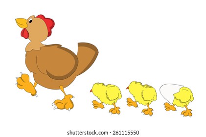 Hen Three Chicks Cute Funny Cartoon Stock Vector (royalty Free 