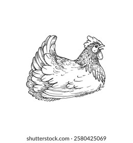 Hen vector illustration hand drawn with ink and isolated on white background. Graphic sketch of chicken. For farm products and eggs packaging design