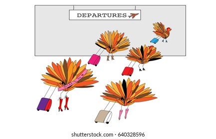 Hen Weekend - group of hens with wheeled cases going through airport departures.
