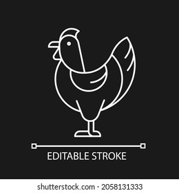 Hen white linear icon for dark theme. Female chicken. Broiler and layer pullet. Poultry farming. Thin line customizable illustration. Isolated vector contour symbol for night mode. Editable stroke