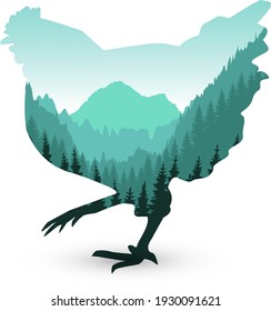 Hen with wild nature of mountains. Double exposure. 