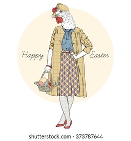 hen woman with Easter basket, furry art illustration, Happy Easter