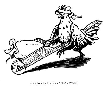 A hen wore hat and carrying sack in wheelbarrow, vintage line drawing or engraving illustration