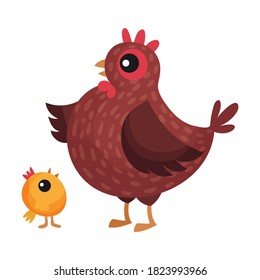Hen with Yellow Chick Walking in the Yard Vector Illustration