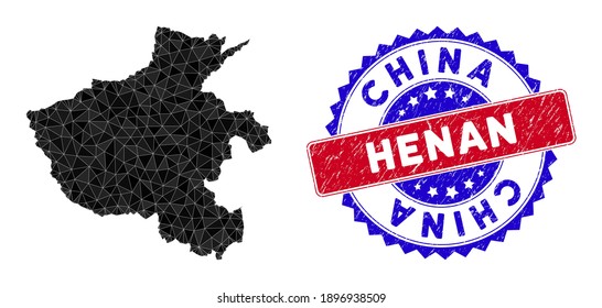 Henan Province map polygonal mesh with filled triangles, and rubber bicolor seal. Triangle mosaic Henan Province map with mesh vector model, triangles have different sizes, and positions,