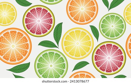 Hend drawn vector vivid seamless pattern with colorful citrus slices with leaves on white