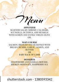 Hend-drawn wedding menu template. Beautiful tender watercolor splashes in yellow color with typography, Abstract holiday design. Paper craft decoration. Splash texture restaurant design.