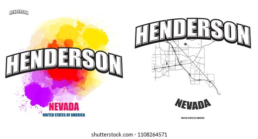 Henderson, Nevada, logo design. Two in one vector arts. Big logo with vintage letters with nice colored background and one-color-version with map for every possible print production.